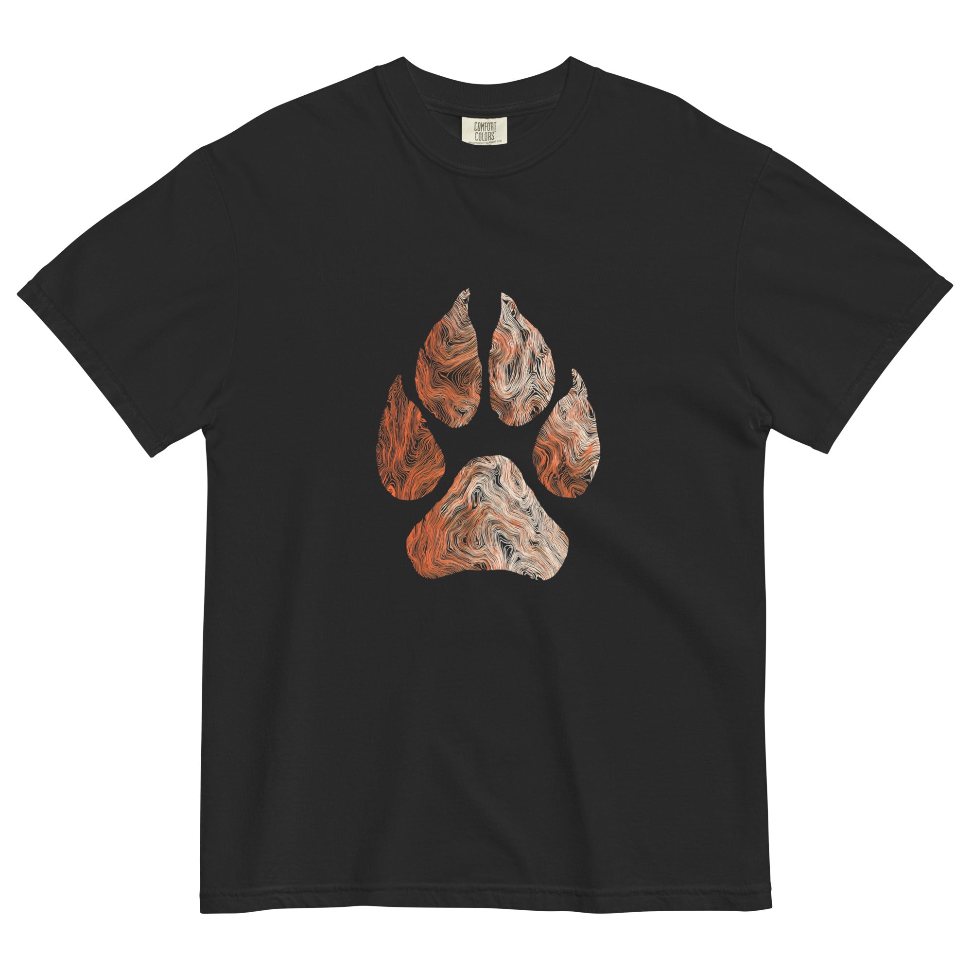 Wolf paw topographic design on a Black garment-dyed cotton t-shirt