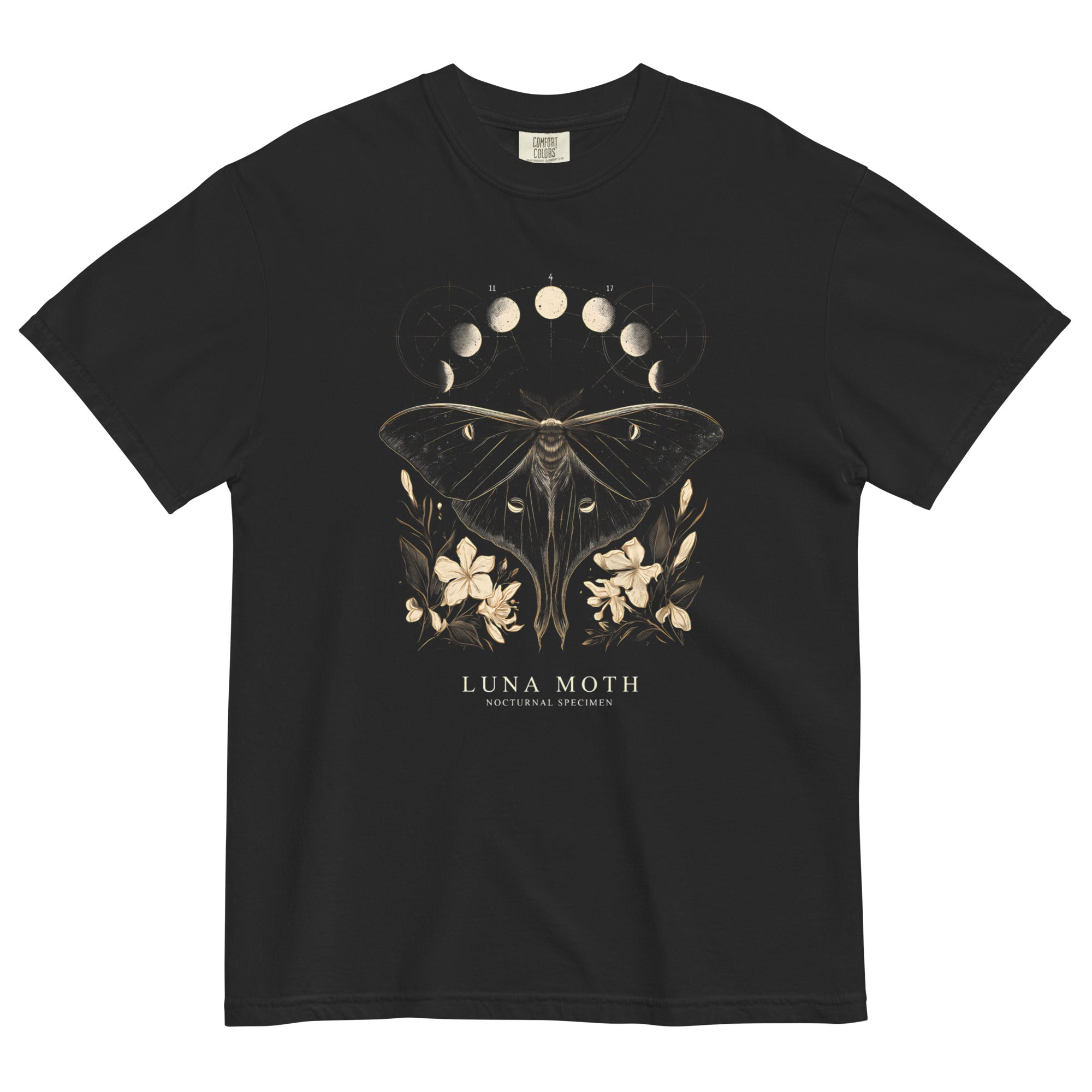 Luna moth specimen design on a Black garment-dyed cotton t-shirt