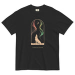 Howling wolf and aurora design on a Black garment-dyed cotton t-shirt
