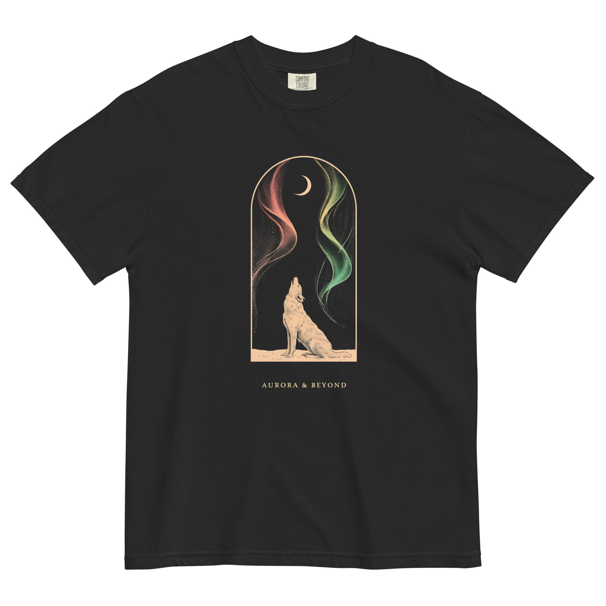 Howling wolf and aurora design on a Black garment-dyed cotton t-shirt