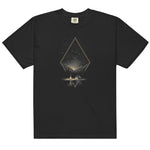 Camping under the stars design on a Black garment-dyed cotton t-shirt