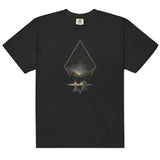 Camping under the stars design on a Black garment-dyed cotton t-shirt