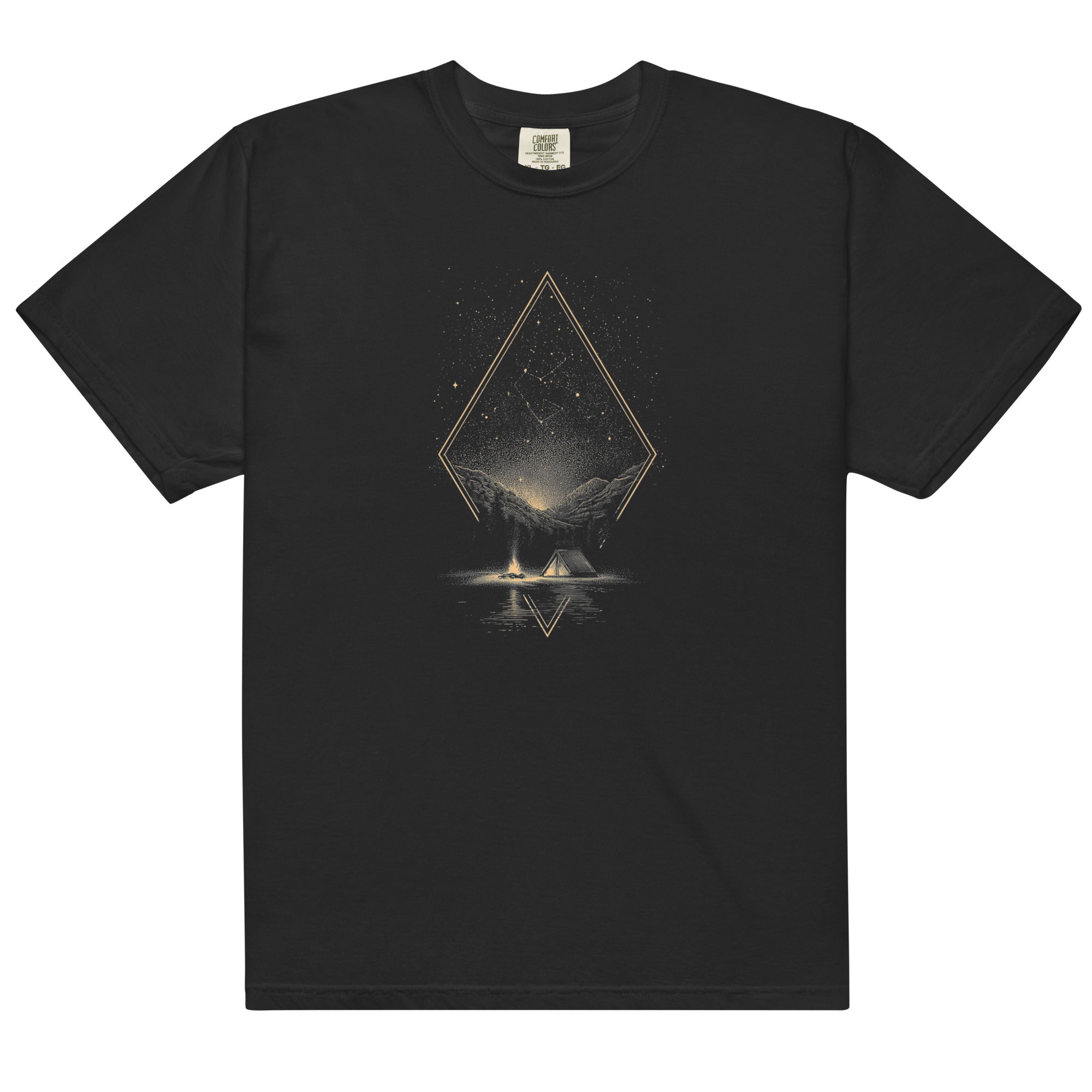 Camping under the stars design on a Black garment-dyed cotton t-shirt