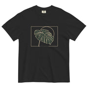 Monstera leaf design on a Black garment-dyed cotton t-shirt