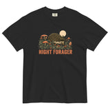 Hedgehog and mushrooms design on a Black garment-dyed cotton t-shirt