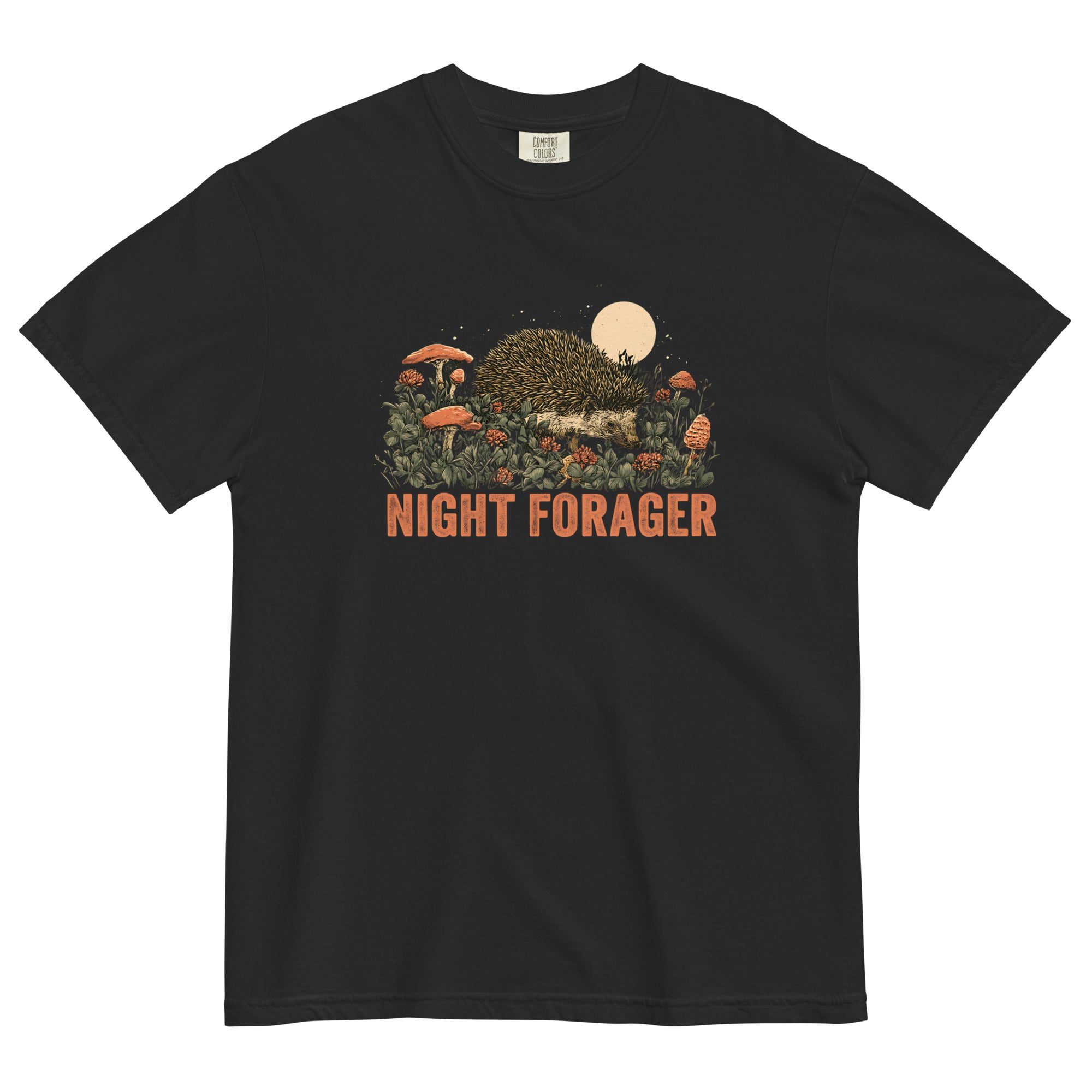 Hedgehog and mushrooms design on a Black garment-dyed cotton t-shirt