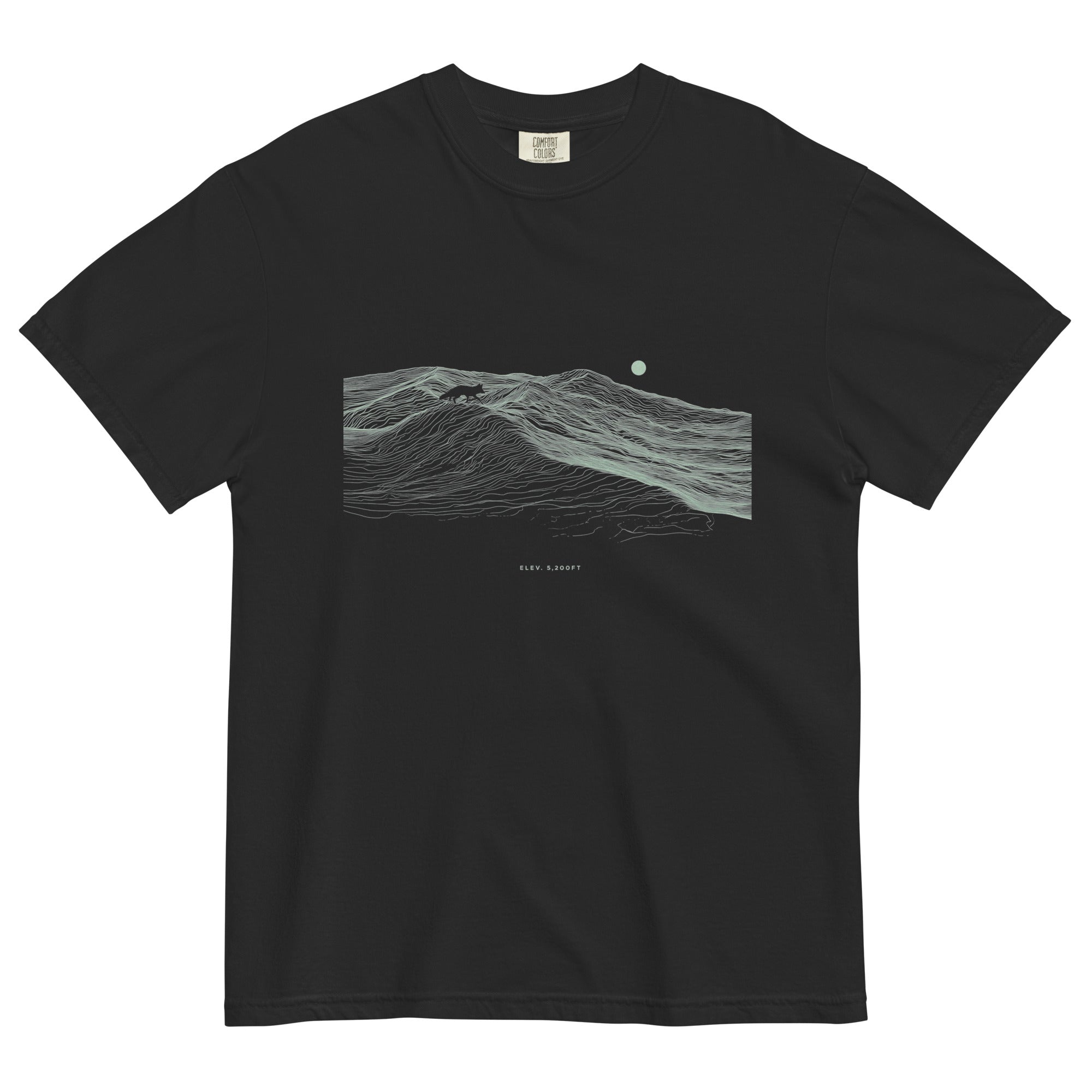 Fox on the ridge topographic design on a Black garment-dyed cotton t-shirt