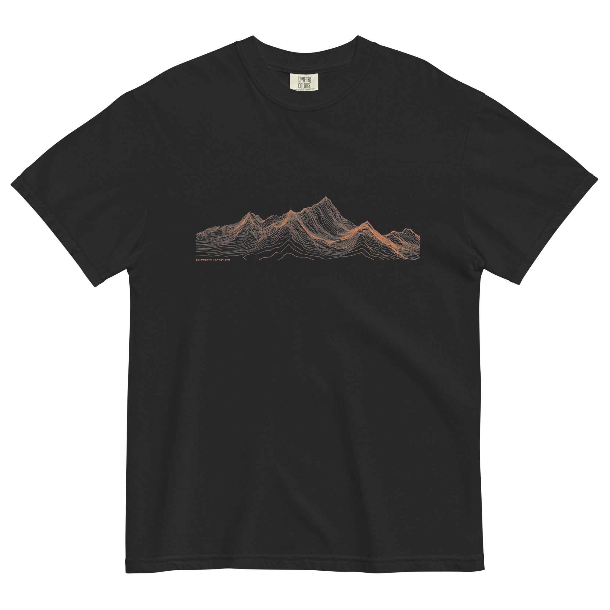 Mountain range topographic design on a Black garment-dyed cotton t-shirt