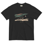 Fox and northern lights design on a Black garment-dyed cotton t-shirt