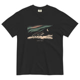 Fox and northern lights design on a Black garment-dyed cotton t-shirt