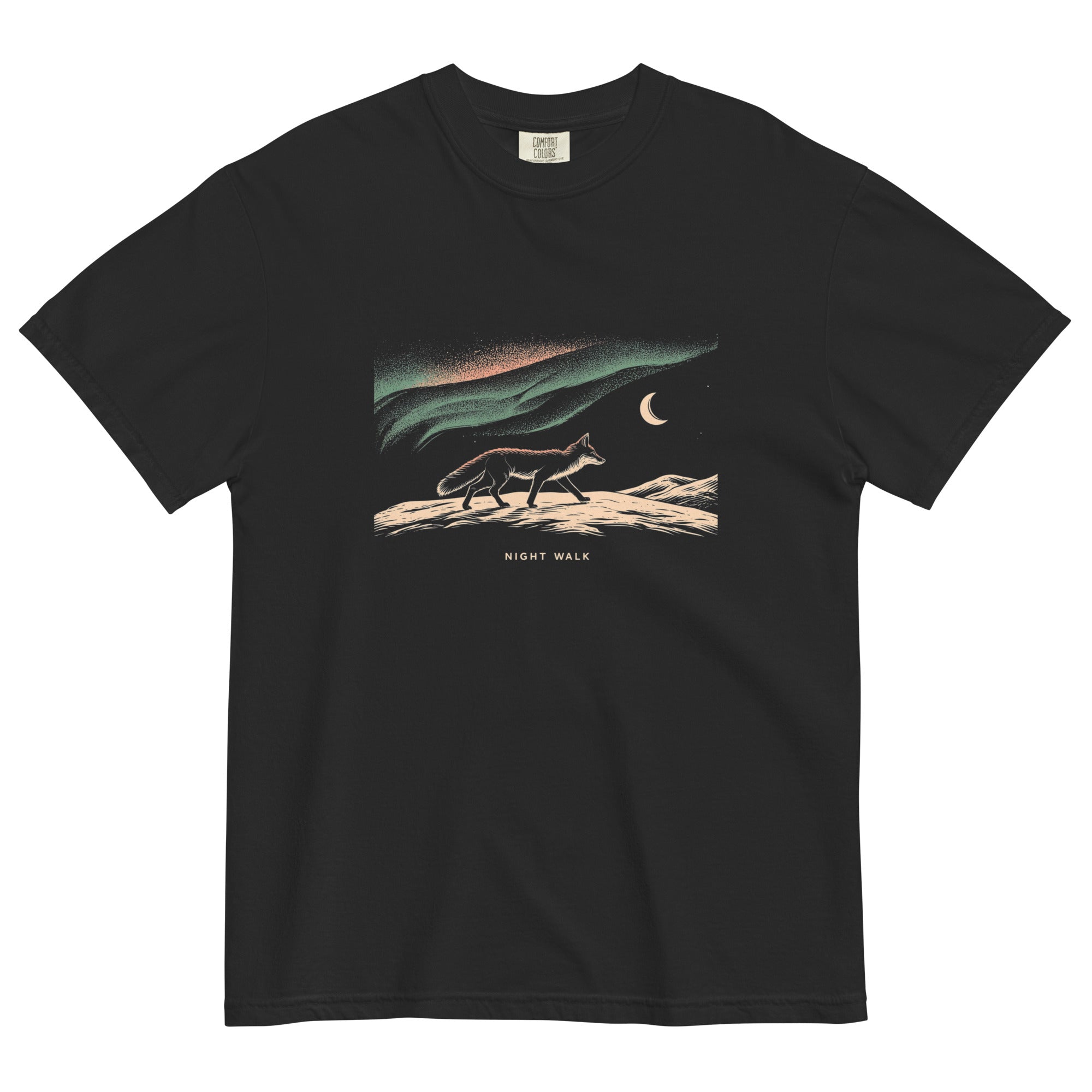 Fox and northern lights design on a Black garment-dyed cotton t-shirt