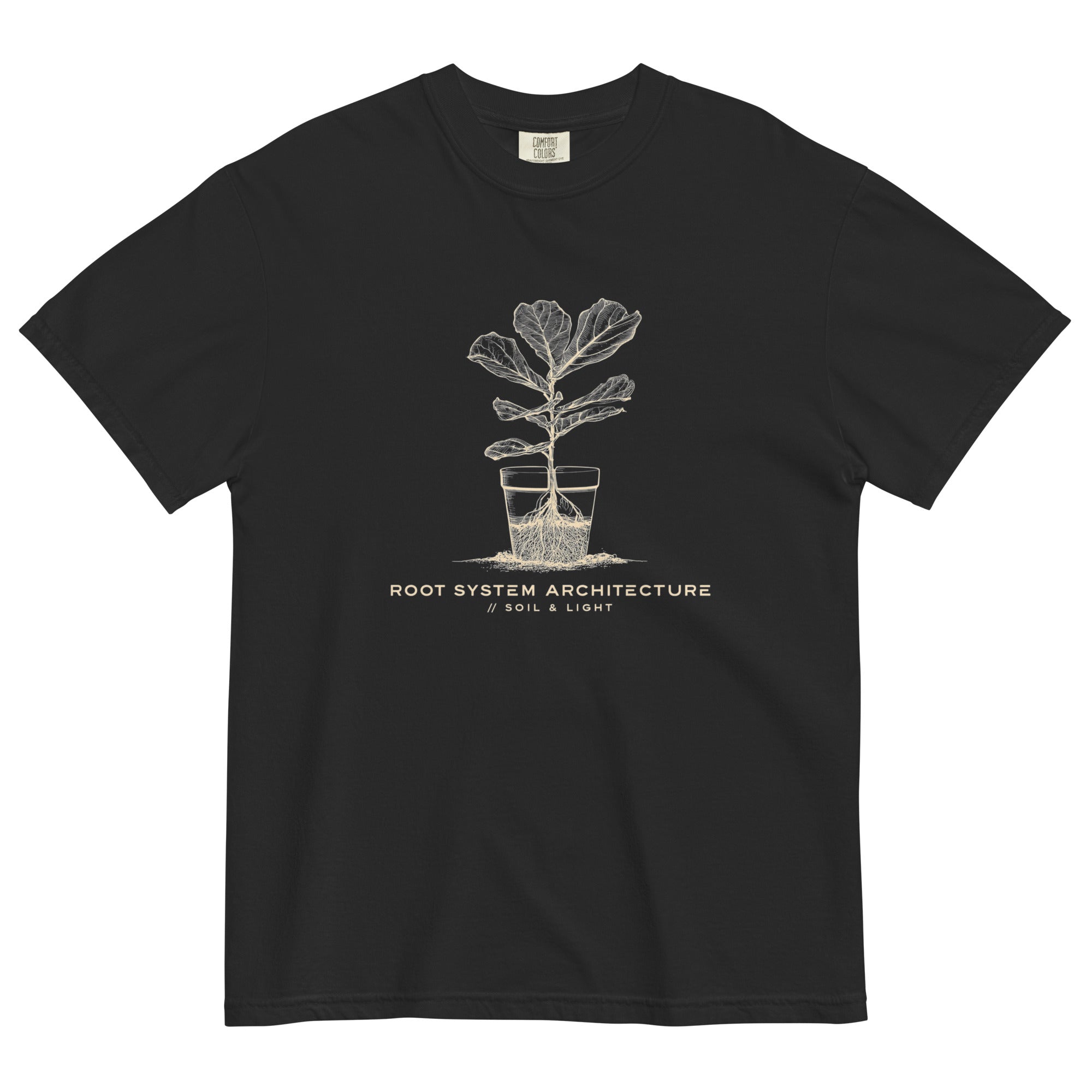 Root system architecture plant design on a Black garment-dyed cotton t-shirt