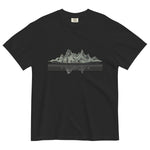 Mountain lake reflection design on a Black garment-dyed cotton t-shirt