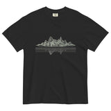 Mountain lake reflection design on a Black garment-dyed cotton t-shirt