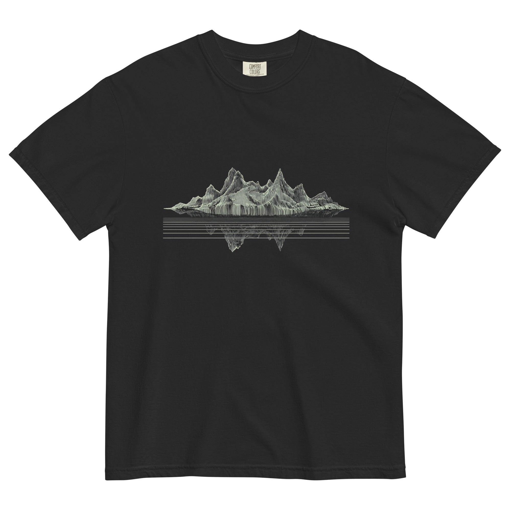 Mountain lake reflection design on a Black garment-dyed cotton t-shirt