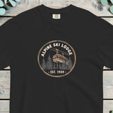 Alpine ski lodge gondola badge design on a Black garment-dyed cotton t-shirt