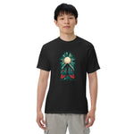 Moth in a stained glass window design on a Black garment-dyed cotton t-shirt