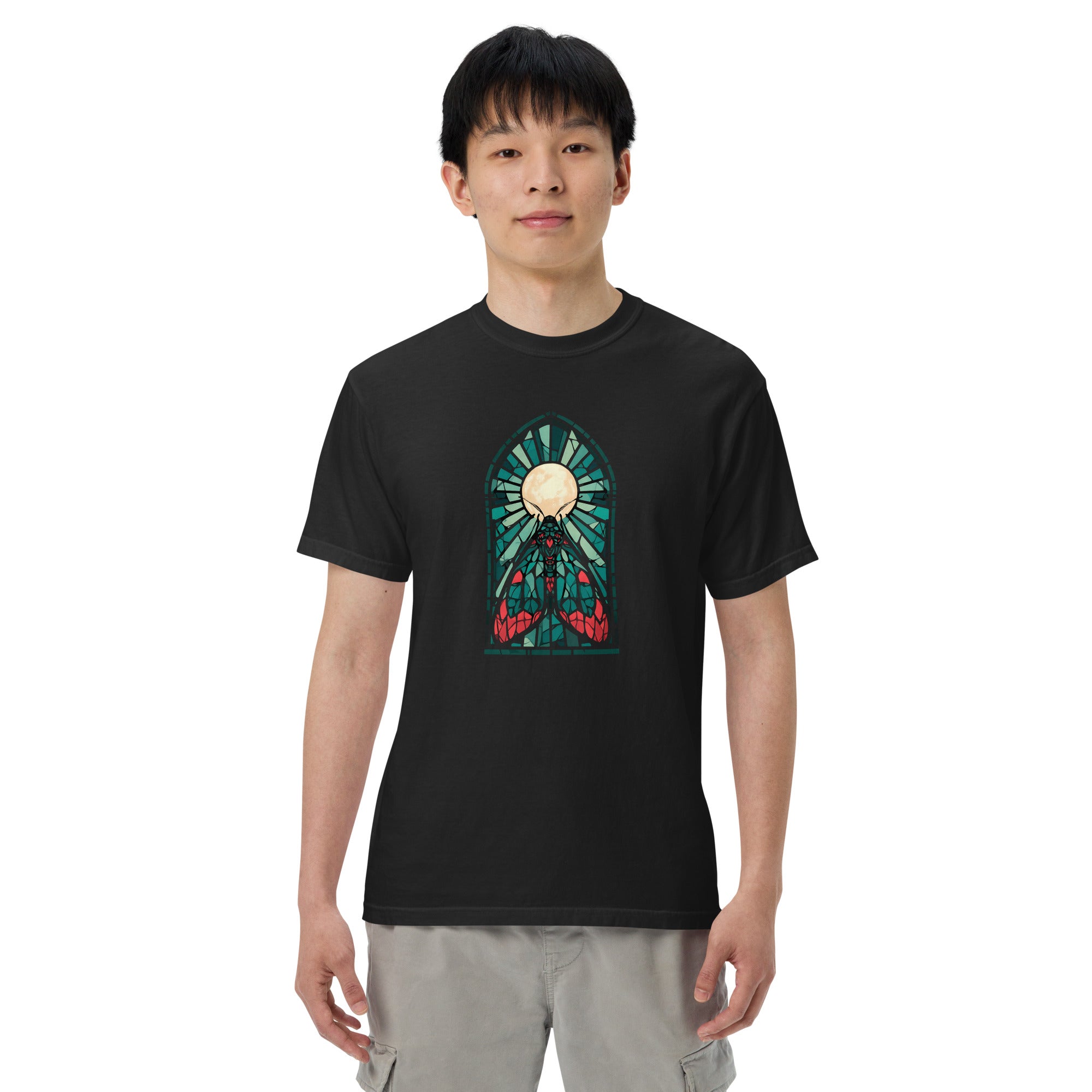 Moth in a stained glass window design on a Black garment-dyed cotton t-shirt