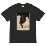 Black wolf in deep snow design on a Black garment-dyed cotton t-shirt