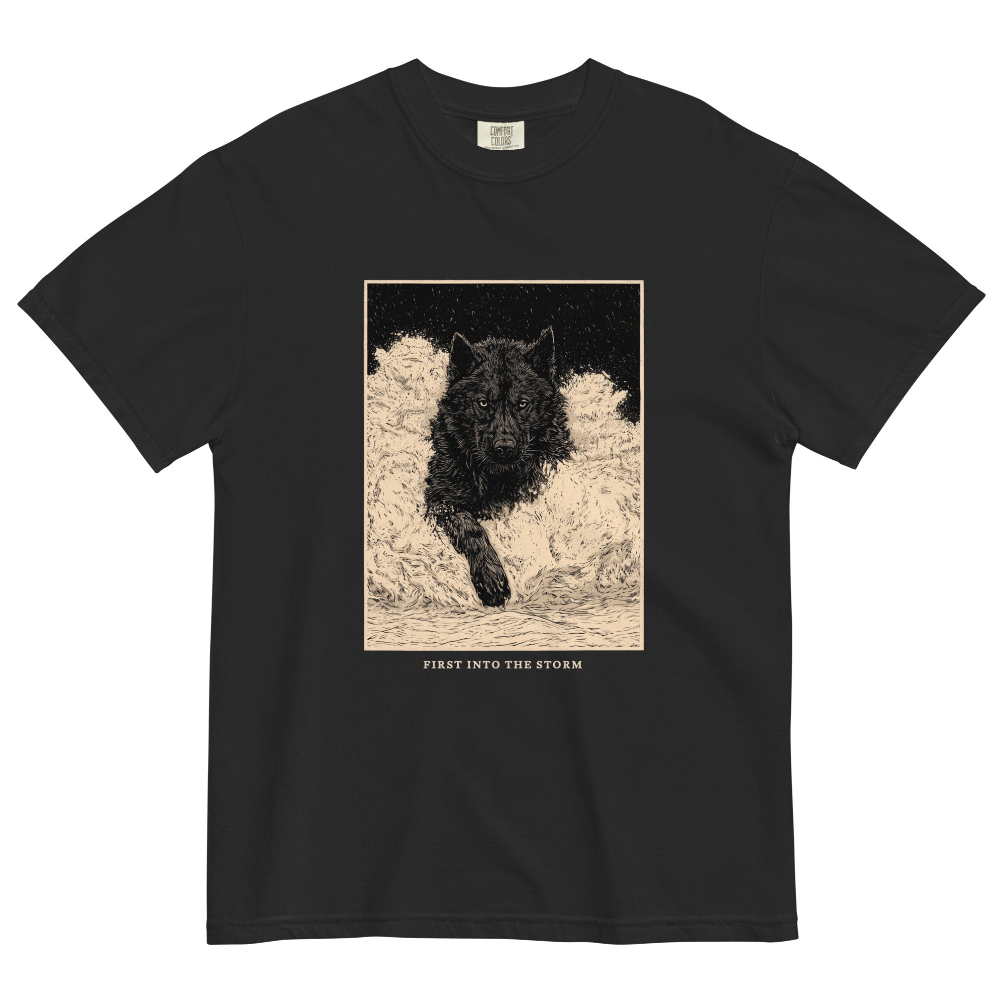 Black wolf in deep snow design on a Black garment-dyed cotton t-shirt