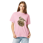 Sparrow on a pine cone design on a Blossom garment-dyed cotton t-shirt
