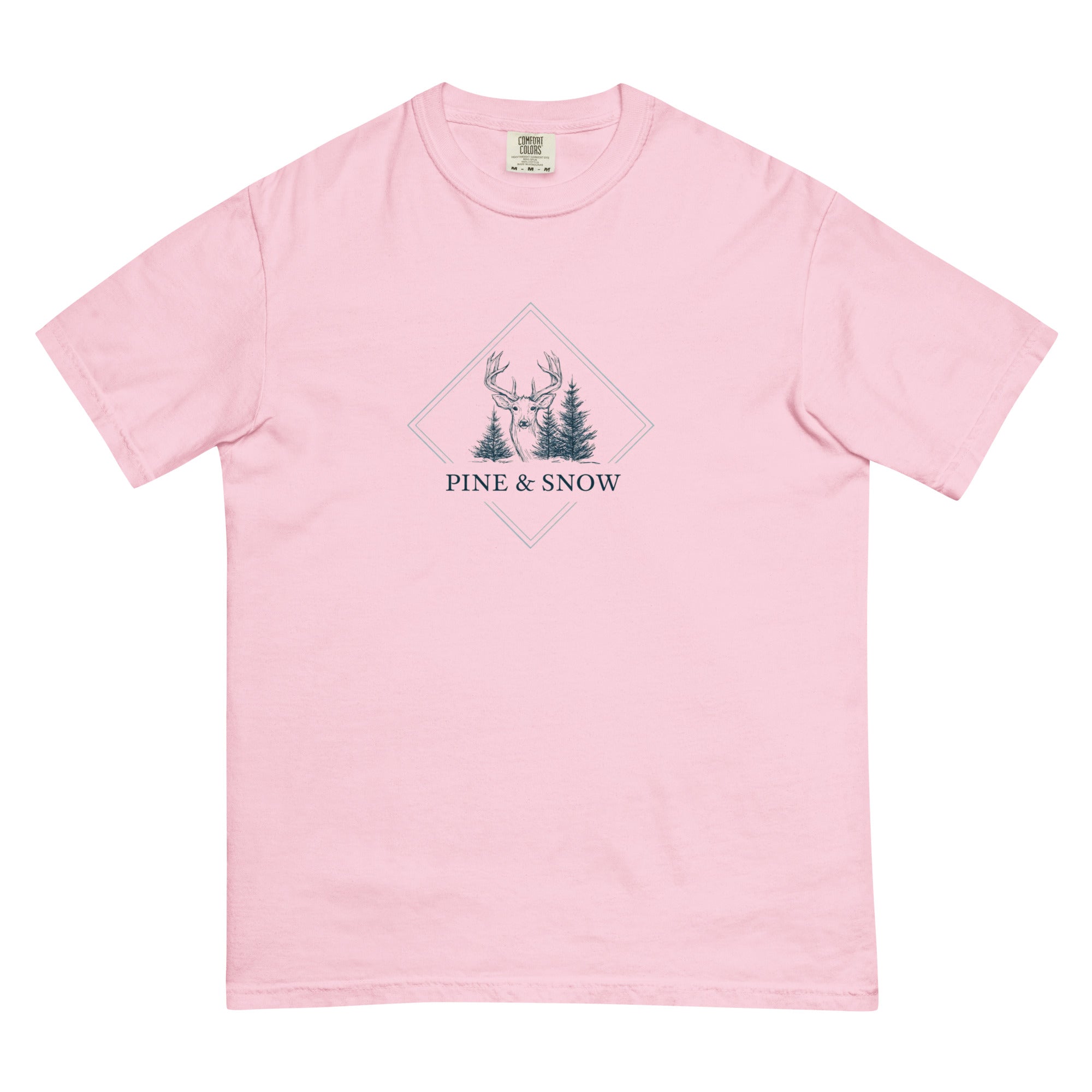 Deer and winter forest design on a Blossom garment-dyed cotton t-shirt