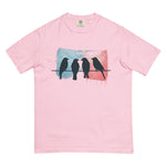 Birds on a wire design on a Blossom garment-dyed cotton t-shirt