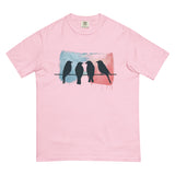 Birds on a wire design on a Blossom garment-dyed cotton t-shirt