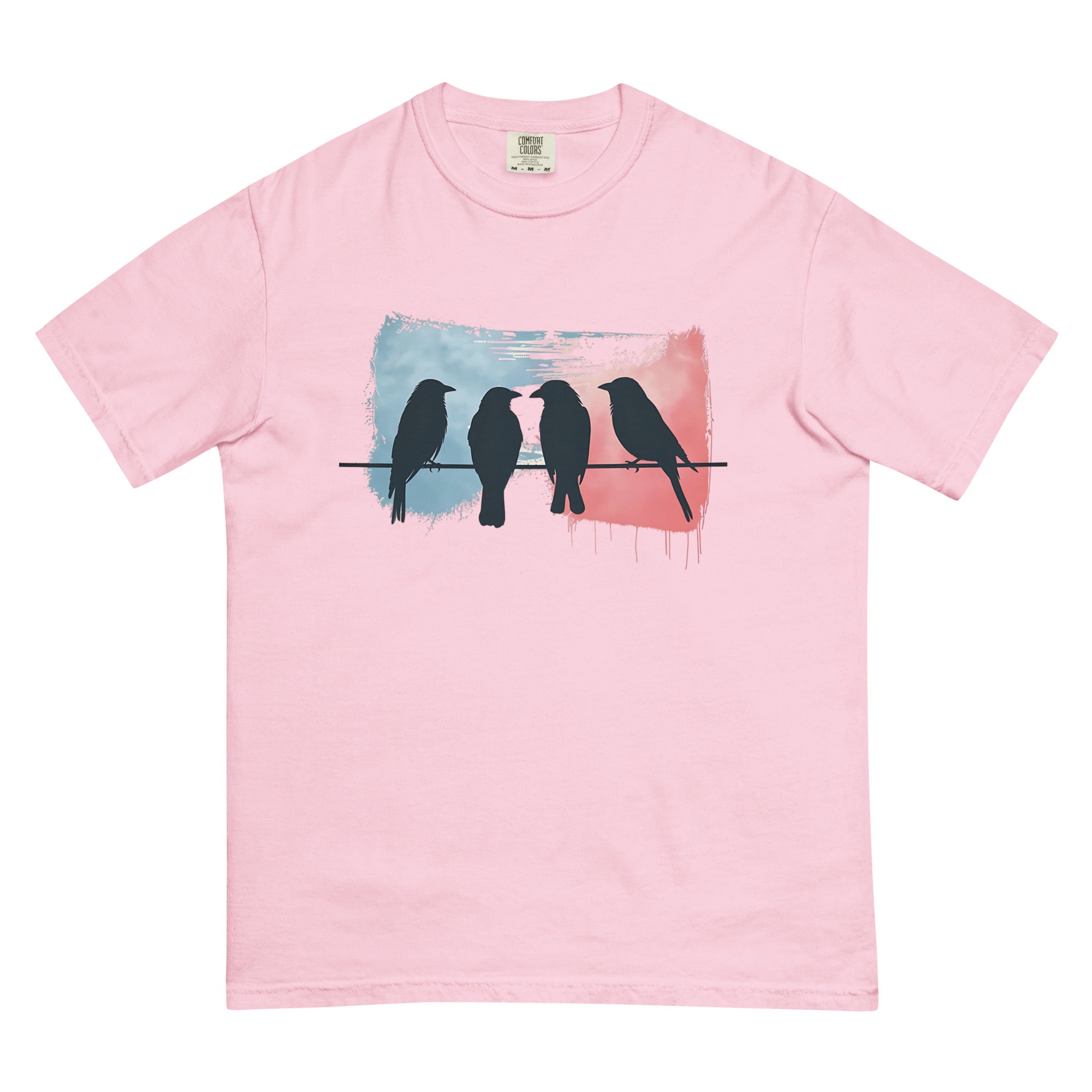 Birds on a wire design on a Blossom garment-dyed cotton t-shirt