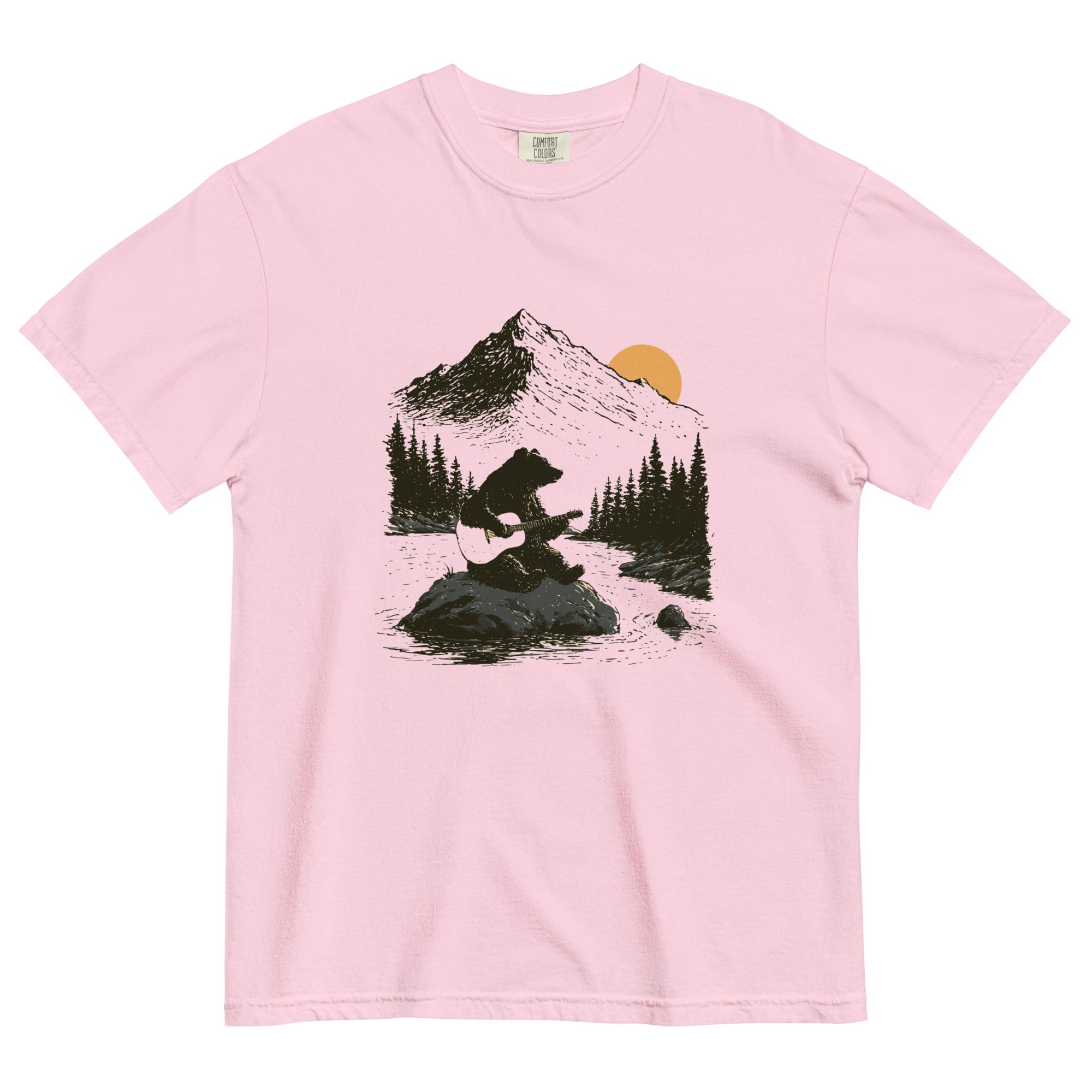 Bear playing guitar design on a Blossom garment-dyed cotton t-shirt