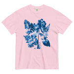 Fern and leaf cyanotype design on a Blossom garment-dyed cotton t-shirt