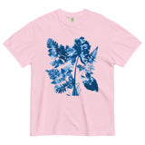 Fern and leaf cyanotype design on a Blossom garment-dyed cotton t-shirt