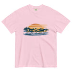 Wolf pack at sunset design on a Blossom garment-dyed cotton t-shirt