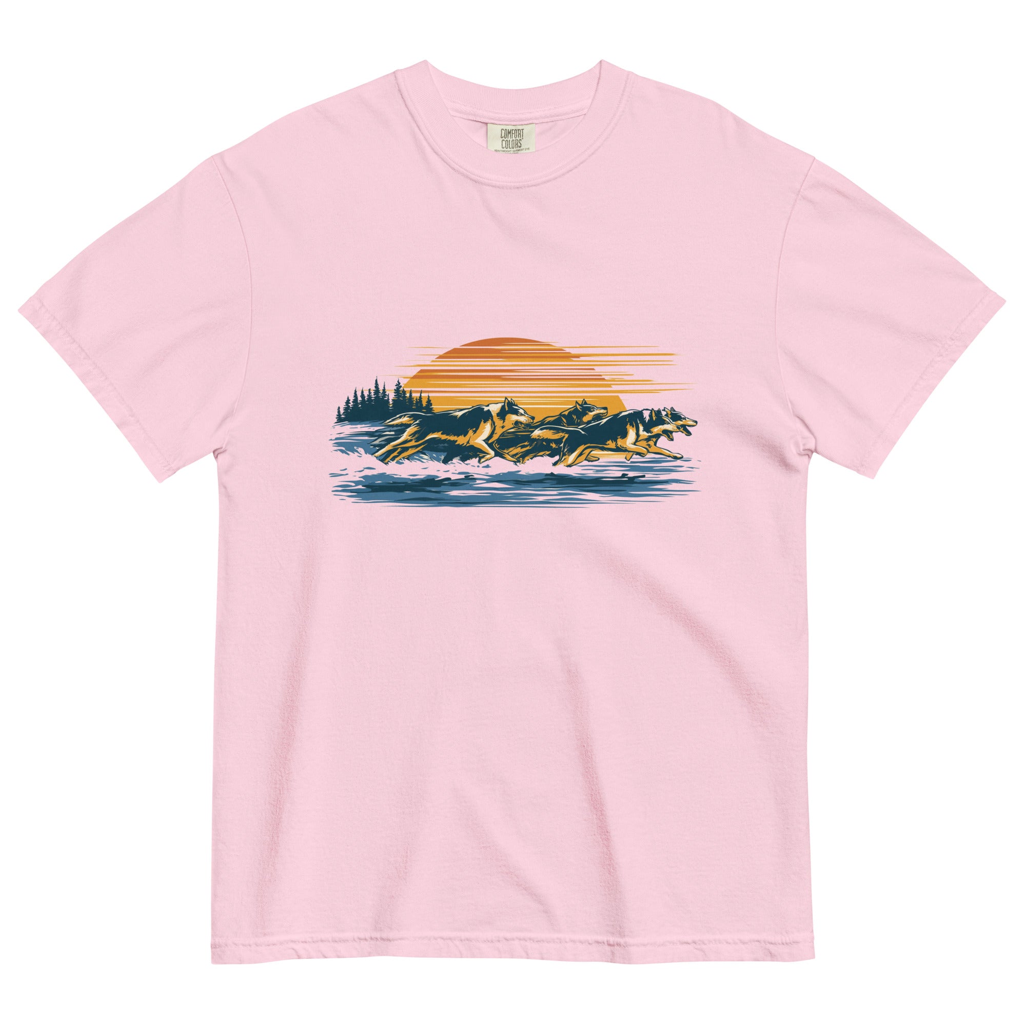 Wolf pack at sunset design on a Blossom garment-dyed cotton t-shirt