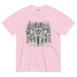 Three wolves in the snow design on a Blossom garment-dyed cotton t-shirt
