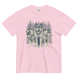 Three wolves in the snow design on a Blossom garment-dyed cotton t-shirt