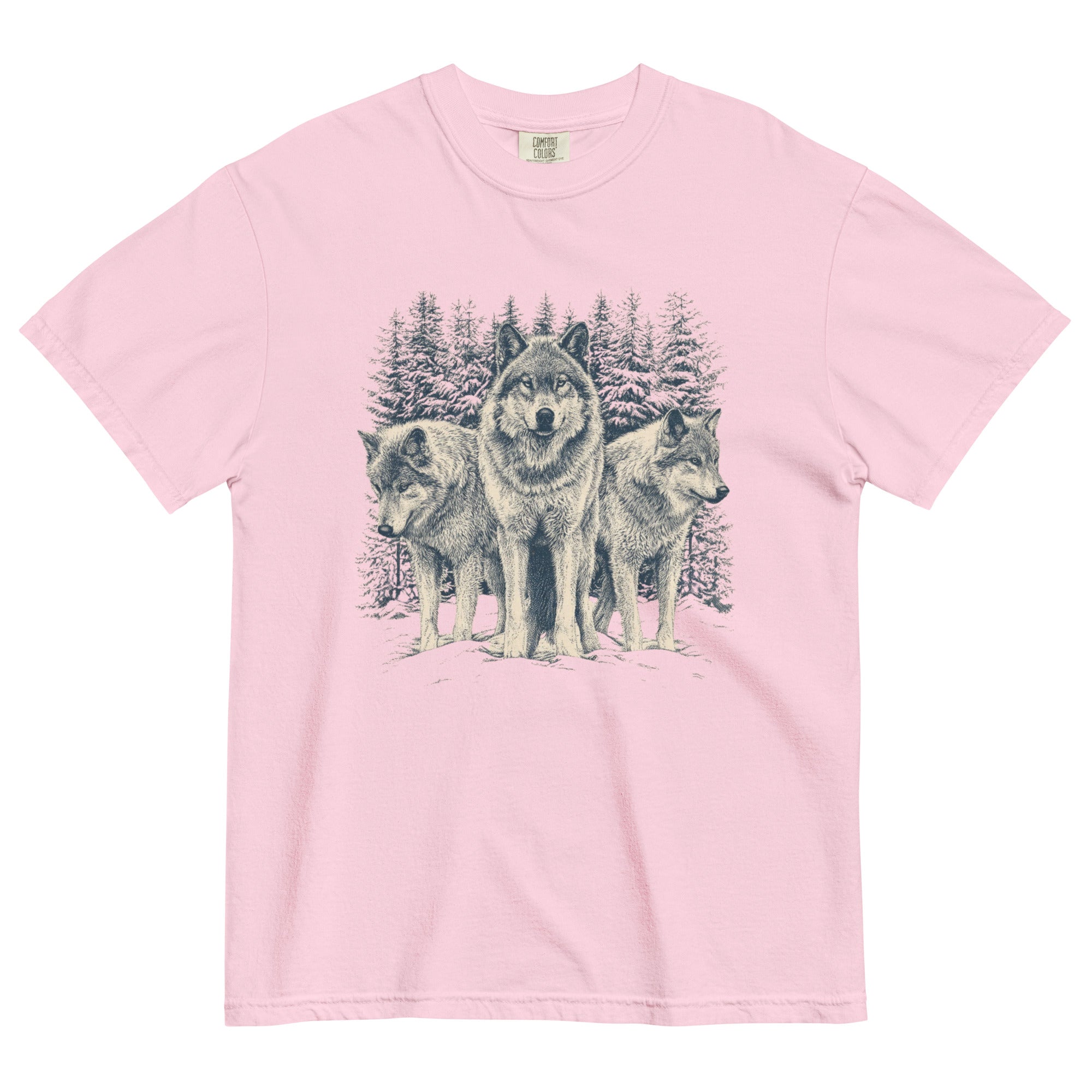 Three wolves in the snow design on a Blossom garment-dyed cotton t-shirt