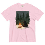 Black bear by a winter campfire design on a Blossom garment-dyed cotton t-shirt