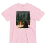 Black bear by a winter campfire design on a Blossom garment-dyed cotton t-shirt