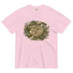 Fox asleep in a Christmas wreath design on a Blossom garment-dyed cotton t-shirt