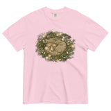 Fox asleep in a Christmas wreath design on a Blossom garment-dyed cotton t-shirt