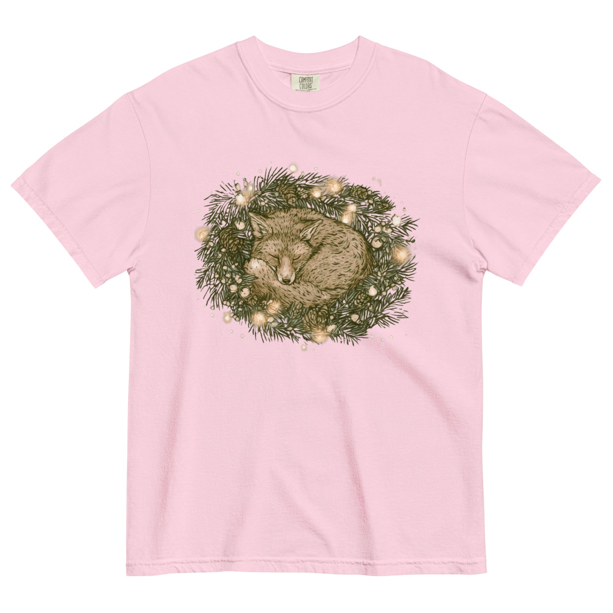 Fox asleep in a Christmas wreath design on a Blossom garment-dyed cotton t-shirt