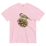 Sparrow on a pine cone design on a Blossom garment-dyed cotton t-shirt