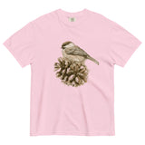 Sparrow on a pine cone design on a Blossom garment-dyed cotton t-shirt