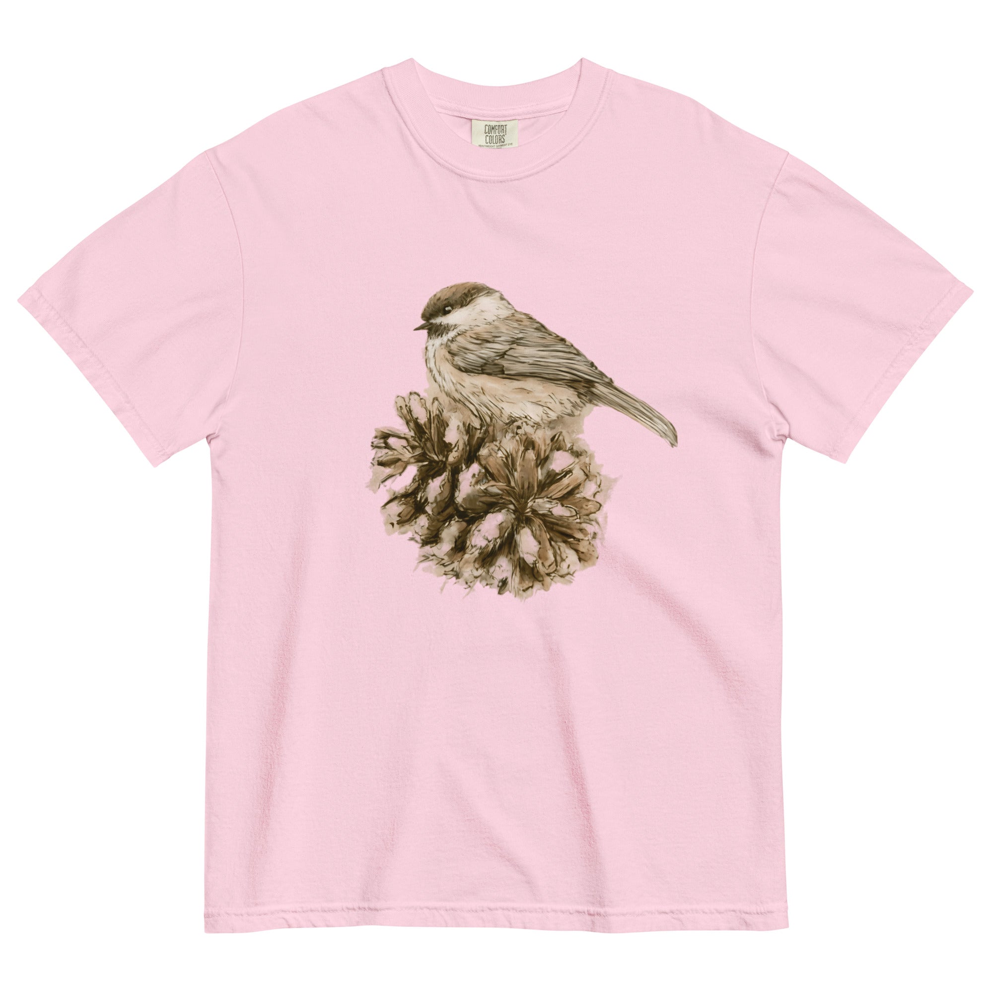 Sparrow on a pine cone design on a Blossom garment-dyed cotton t-shirt