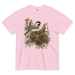 Chickadee and winter berries design on a Blossom garment-dyed cotton t-shirt