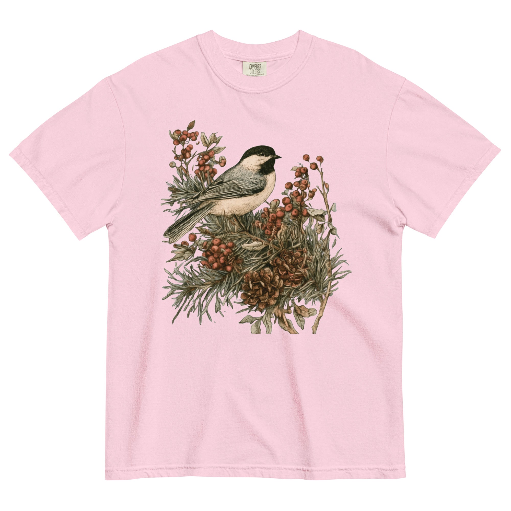 Chickadee and winter berries design on a Blossom garment-dyed cotton t-shirt