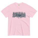 Moose in the winter woods design on a Blossom garment-dyed cotton t-shirt