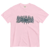 Moose in the winter woods design on a Blossom garment-dyed cotton t-shirt