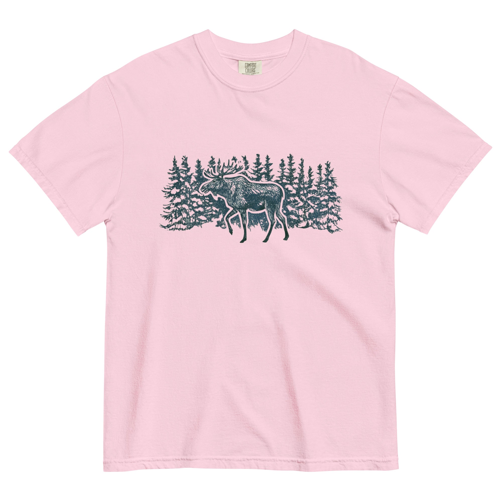 Moose in the winter woods design on a Blossom garment-dyed cotton t-shirt